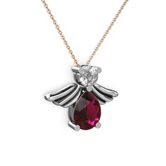 Fabriel Melek Kolye - Rodolit garnet ve beyaz zirkon 8 ayar beyaz altın kolye (40 cm rose altın rolo zincir) #1icd304