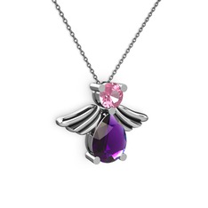 Fabriel Melek Kolye - Ametist ve pembe kuvars 8 ayar beyaz altın kolye (40 cm gümüş rolo zincir) #1jfafwk