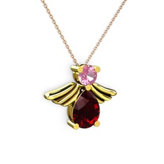 Fabriel Melek Kolye - Garnet ve pembe kuvars 8 ayar altın kolye (40 cm rose altın rolo zincir) #1jm8dgl