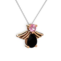 Siyah zirkon ve pembe kuvars 18 ayar rose altın kolye (40 cm gümüş rolo zincir)