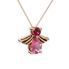 Fabriel Melek Kolye - Pembe kuvars ve rodolit garnet 925 ayar rose altın kaplama gümüş kolye (40 cm rose altın rolo zincir) #1kj3bzy