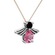 Pembe kuvars ve siyah zirkon 8 ayar beyaz altın kolye (40 cm gümüş rolo zincir)
