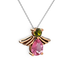 Pembe kuvars ve peridot 14 ayar rose altın kolye (40 cm beyaz altın rolo zincir)