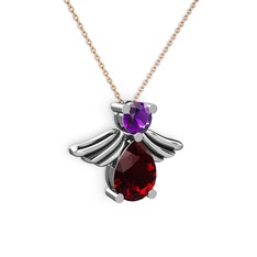 Garnet ve ametist 14 ayar beyaz altın kolye (40 cm rose altın rolo zincir)