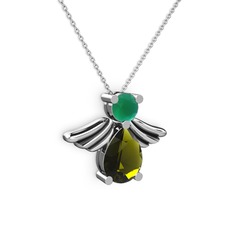 Peridot ve kök zümrüt 8 ayar beyaz altın kolye (40 cm beyaz altın rolo zincir)