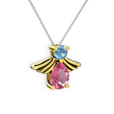 Fabriel Melek Kolye - Pembe kuvars ve akuamarin 18 ayar altın kolye (40 cm gümüş rolo zincir) #1nd79bg