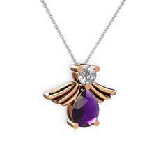 Ametist ve beyaz zirkon 8 ayar rose altın kolye (40 cm beyaz altın rolo zincir)
