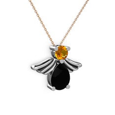 Fabriel Melek Kolye - Siyah zirkon ve sitrin 8 ayar beyaz altın kolye (40 cm rose altın rolo zincir) #1nia8dl