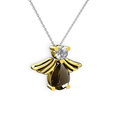 Fabriel Melek Kolye - Dumanlı kuvars ve beyaz zirkon 18 ayar altın kolye (40 cm gümüş rolo zincir) #1ob1htn