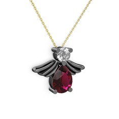 Fabriel Melek Kolye - Rodolit garnet ve beyaz zirkon 925 ayar siyah rodyum kaplama gümüş kolye (40 cm altın rolo zincir) #1p7sxc5