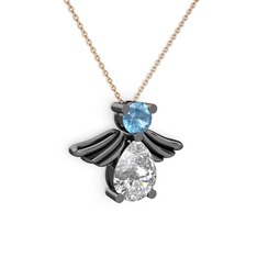 Swarovski ve akuamarin 925 ayar siyah rodyum kaplama gümüş kolye (40 cm rose altın rolo zincir)