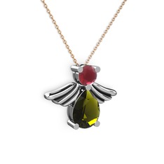 Fabriel Melek Kolye - Peridot ve kök yakut 14 ayar beyaz altın kolye (40 cm rose altın rolo zincir) #1puyufq