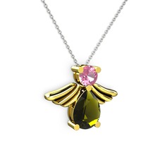 Fabriel Melek Kolye - Peridot ve pembe kuvars 8 ayar altın kolye (40 cm beyaz altın rolo zincir) #1q64sw1