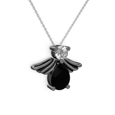 Siyah zirkon ve swarovski 925 ayar siyah rodyum kaplama gümüş kolye (40 cm gümüş rolo zincir)
