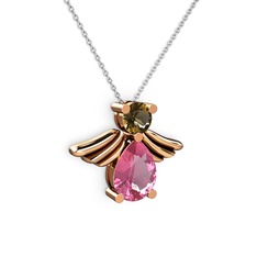Pembe kuvars ve dumanlı kuvars 14 ayar rose altın kolye (40 cm beyaz altın rolo zincir)