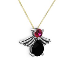 Fabriel Melek Kolye - Siyah zirkon ve rodolit garnet 14 ayar beyaz altın kolye (40 cm altın rolo zincir) #1t205mm