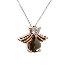 Fabriel Melek Kolye - Dumanlı kuvars ve beyaz zirkon 18 ayar rose altın kolye (40 cm beyaz altın rolo zincir) #1tkpthe