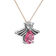 Pembe kuvars ve beyaz zirkon 8 ayar beyaz altın kolye (40 cm rose altın rolo zincir)
