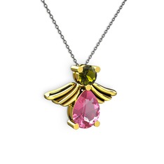 Fabriel Melek Kolye - Pembe kuvars ve peridot 18 ayar altın kolye (40 cm gümüş rolo zincir) #1tpu971
