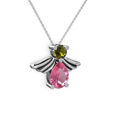 Pembe kuvars ve peridot 18 ayar beyaz altın kolye (40 cm beyaz altın rolo zincir)