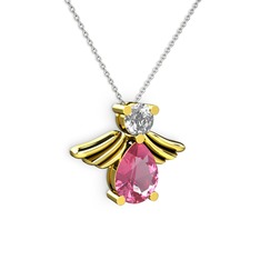 Pembe kuvars ve beyaz zirkon 8 ayar altın kolye (40 cm beyaz altın rolo zincir)