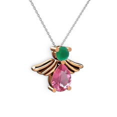 Pembe kuvars ve kök zümrüt 18 ayar rose altın kolye (40 cm gümüş rolo zincir)