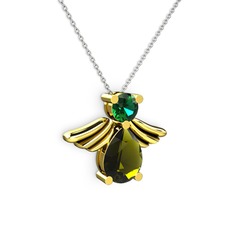Peridot ve yeşil kuvars 14 ayar altın kolye (40 cm beyaz altın rolo zincir)