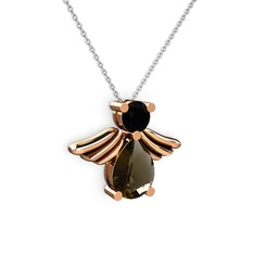 Dumanlı kuvars ve siyah zirkon 8 ayar rose altın kolye (40 cm beyaz altın rolo zincir)