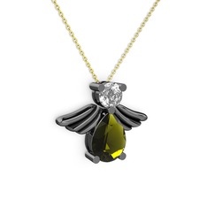 Fabriel Melek Kolye - Peridot ve swarovski 925 ayar siyah rodyum kaplama gümüş kolye (40 cm altın rolo zincir) #1ybkh73