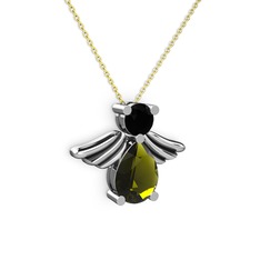 Fabriel Melek Kolye - Peridot ve siyah zirkon 14 ayar beyaz altın kolye (40 cm altın rolo zincir) #1yunynt