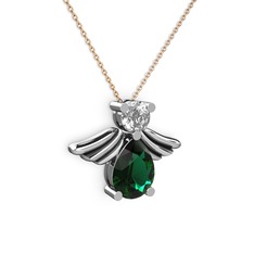 Fabriel Melek Kolye - Yeşil kuvars ve beyaz zirkon 8 ayar beyaz altın kolye (40 cm rose altın rolo zincir) #3l2ies