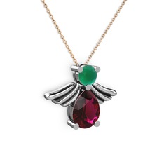 Fabriel Melek Kolye - Rodolit garnet ve kök zümrüt 18 ayar beyaz altın kolye (40 cm rose altın rolo zincir) #3m1xsu