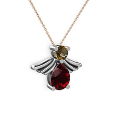 Fabriel Melek Kolye - Garnet ve dumanlı kuvars 18 ayar beyaz altın kolye (40 cm rose altın rolo zincir) #4dt08y