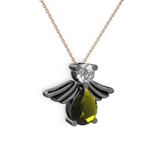 Fabriel Melek Kolye - Peridot ve swarovski 925 ayar siyah rodyum kaplama gümüş kolye (40 cm rose altın rolo zincir) #5kihq2