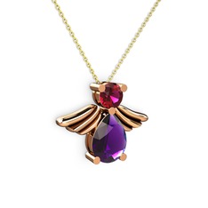 Ametist ve rodolit garnet 18 ayar rose altın kolye (40 cm gümüş rolo zincir)