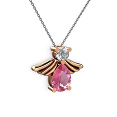 Fabriel Melek Kolye - Pembe kuvars ve beyaz zirkon 14 ayar rose altın kolye (40 cm gümüş rolo zincir) #773xnn