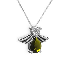 Fabriel Melek Kolye - Peridot ve beyaz zirkon 18 ayar beyaz altın kolye (40 cm beyaz altın rolo zincir) #7hoc18
