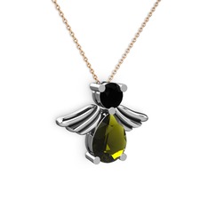 Peridot ve siyah zirkon 8 ayar beyaz altın kolye (40 cm rose altın rolo zincir)