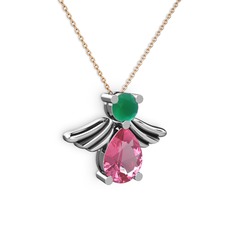 Fabriel Melek Kolye - Pembe kuvars ve kök zümrüt 8 ayar beyaz altın kolye (40 cm rose altın rolo zincir) #9togl4