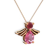Pembe kuvars ve kök yakut 14 ayar rose altın kolye (40 cm rose altın rolo zincir)