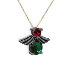 Fabriel Melek Kolye - Yeşil kuvars ve garnet 925 ayar siyah rodyum kaplama gümüş kolye (40 cm rose altın rolo zincir) #ac7be1