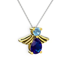 Lab safir ve akuamarin 14 ayar altın kolye (40 cm gümüş rolo zincir)