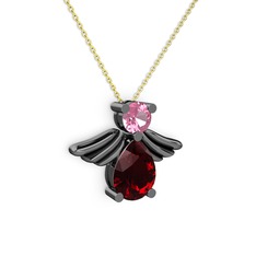 Fabriel Melek Kolye - Garnet ve pembe kuvars 925 ayar siyah rodyum kaplama gümüş kolye (40 cm altın rolo zincir) #d2ei0p
