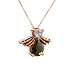 Dumanlı kuvars ve beyaz zirkon 18 ayar rose altın kolye (40 cm rose altın rolo zincir)