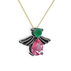 Fabriel Melek Kolye - Pembe kuvars ve kök zümrüt 925 ayar siyah rodyum kaplama gümüş kolye (40 cm altın rolo zincir) #e3argb