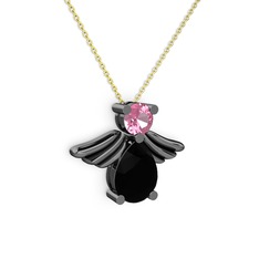 Fabriel Melek Kolye - Siyah zirkon ve pembe kuvars 925 ayar siyah rodyum kaplama gümüş kolye (40 cm altın rolo zincir) #elu8l6