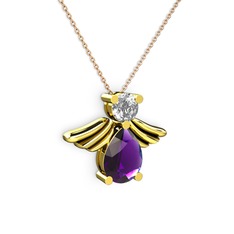 Ametist ve beyaz zirkon 8 ayar altın kolye (40 cm rose altın rolo zincir)