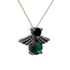 Fabriel Melek Kolye - Yeşil kuvars ve siyah zirkon 925 ayar siyah rodyum kaplama gümüş kolye (40 cm gümüş rolo zincir) #en02hr