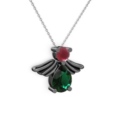 Fabriel Melek Kolye - Yeşil kuvars ve kök yakut 925 ayar siyah rodyum kaplama gümüş kolye (40 cm beyaz altın rolo zincir) #esxg60