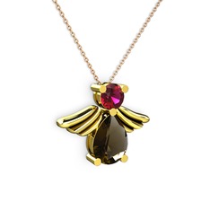 Dumanlı kuvars ve rodolit garnet 8 ayar altın kolye (40 cm rose altın rolo zincir)